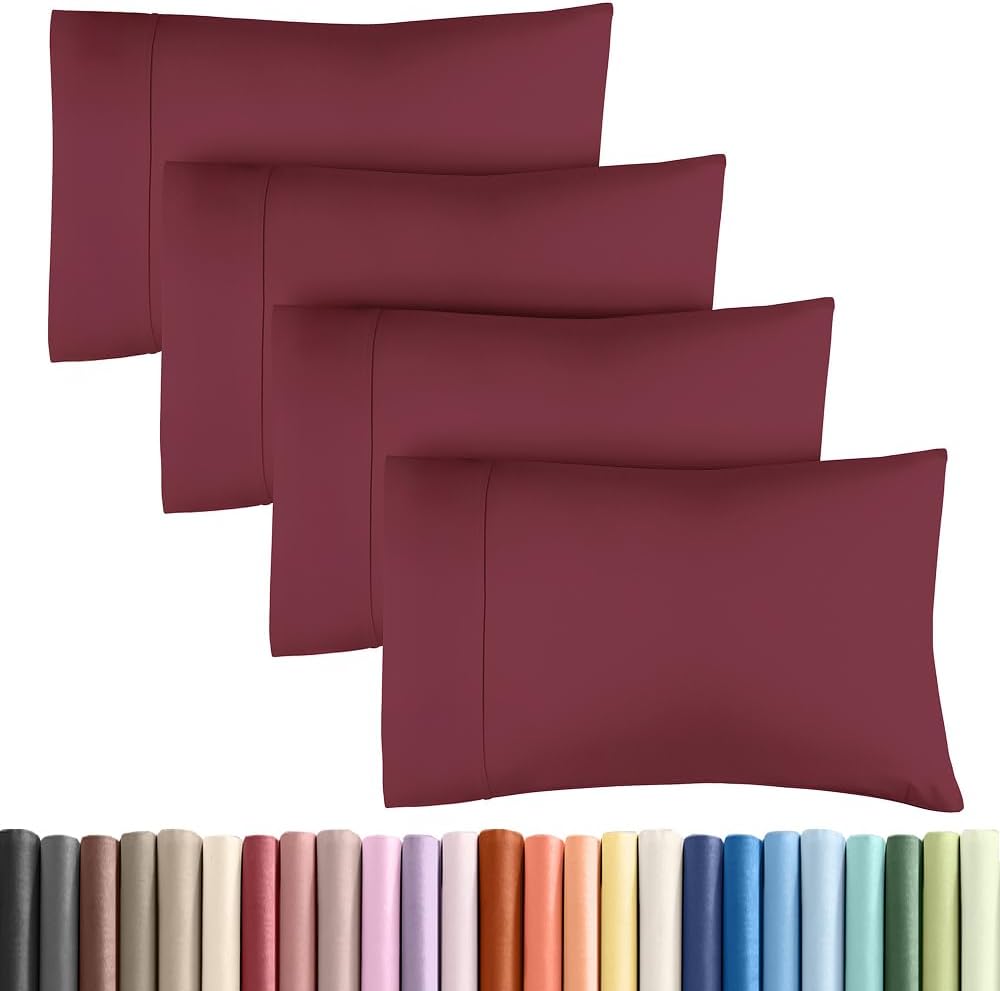 Standard Pillow Cases - 4 Pack - Super Soft Pillowcase Covers - Envelope Enclosure - Hotel Quality Pillow Protectors - Wrinkle Free, Shrink & Stain Resistant - Machine Washable - 20" x 26" (Burgundy)