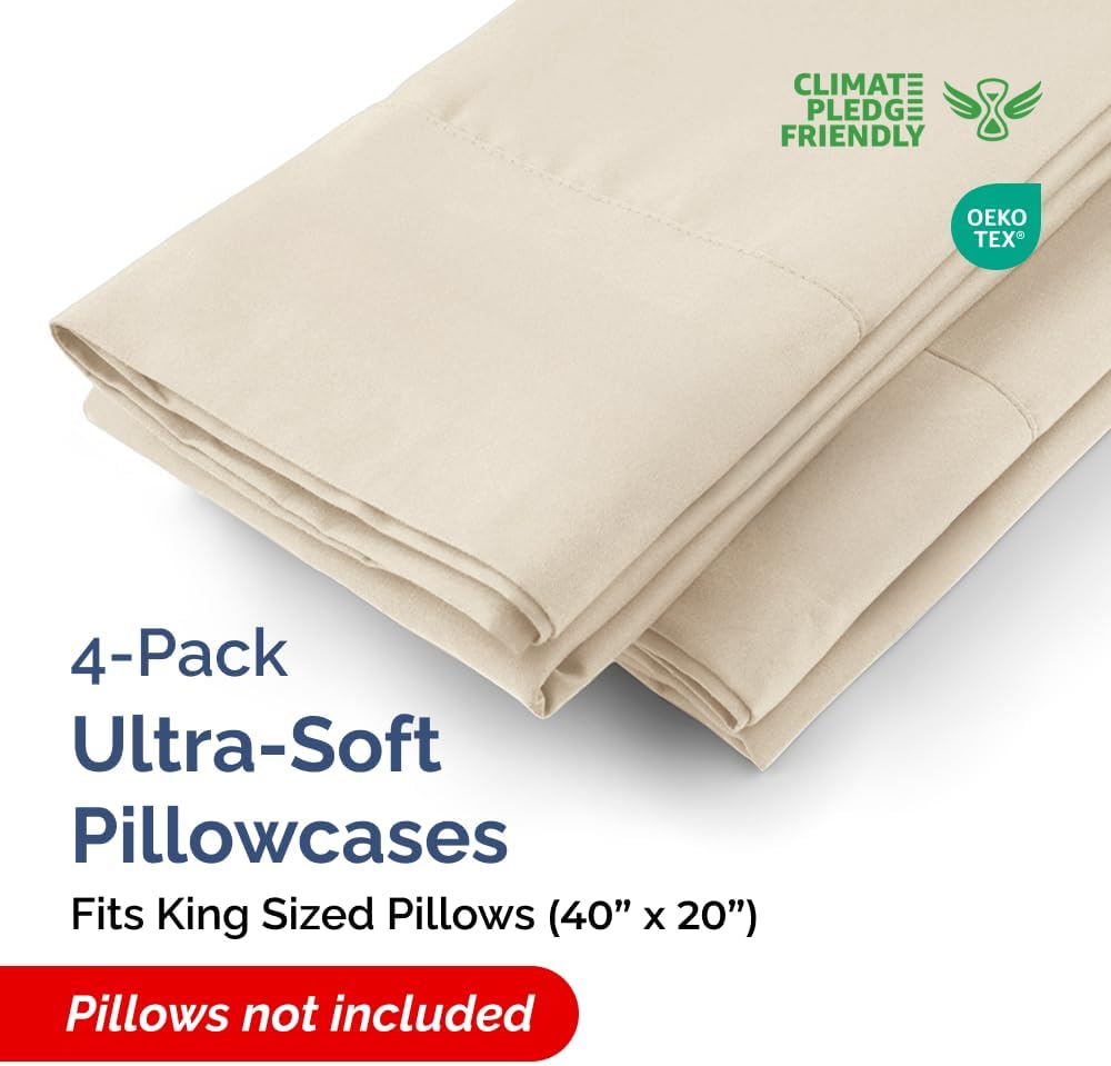 King Pillow Cases - 4 Pack - Super Soft Pillowcase Covers - Envelope Enclosure - Hotel Quality Pillow Protectors - Wrinkle Free, Fade, Shrink & Stain Resistant - Machine Washable - 20" x 40" (Wheat)