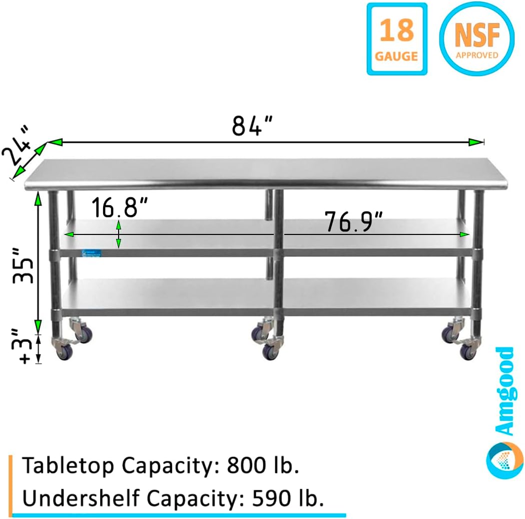 AmGood Stainless Steel Work Table with 2 Shelves and Casters | Metal Utility Table On Wheels (Stainless Steel, 84" Long x 24" Deep)