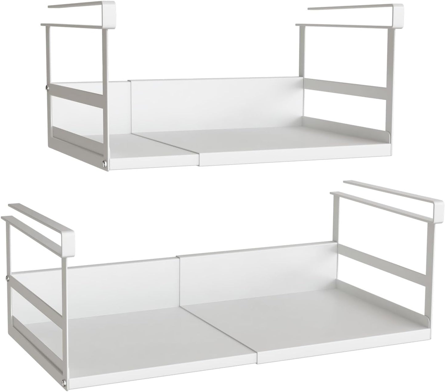 Expandable Under Cabinet Shelf Organizer with 0.94-Inch Thick Clips, Heavy Duty Extendable Under Shelf Storage Basket for Pantry or Laundry Room, White, 2 Pack, Interior: 5.7" H x 8.54" D