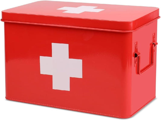 Flexzion First Aid Box Organizer Empty 13" Red Vintage First Aid Kit Tin Metal Medical Box - First Aid Storage Box Container Bins with Dividers, Removable Tray and White Cross Logo