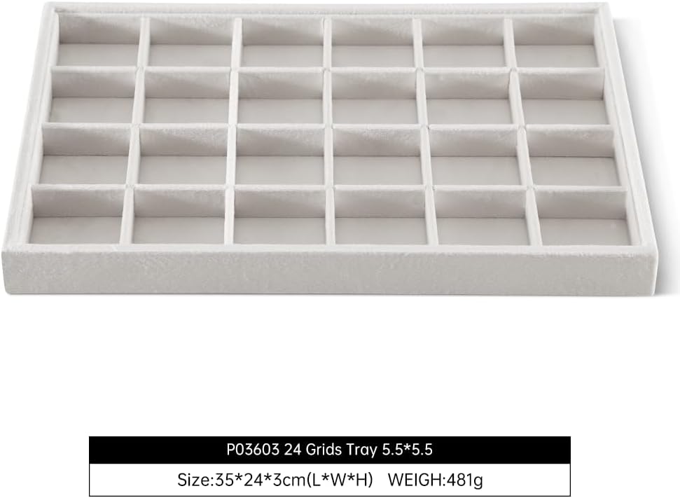 Velvet Stackable Jewelry Display Tray, 24 Grid Earring Ring Storage Tray, Drawer Divider Jewelry Accessories Organizer Plate (White)