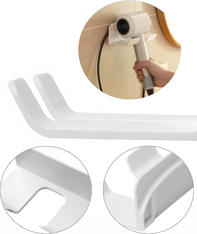 2 Pack Universal Hair Dryer Holder, Self Adhesive Wall Mount Stand for Most Brand/Size Hair Blow Dryer Hair Dryer Organizer Rack with Plug&Wire Hook for Bathroom
