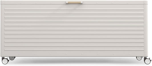 MIRADOR 281 Gallon Outdoor Storage Box Waterproof, Metal Deck Box with wheels for Patio Furniture, Garden Tools, Outdoor Cushion, Latte