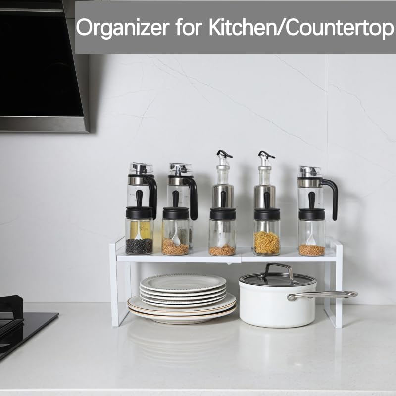 Expandable Cabinet Shelf Organizer Riser for Kitchen Pantry Cupboard Under Sink Countertop (white, 8.2’’D * 12.2-21.6’’W * 7.7’’H)