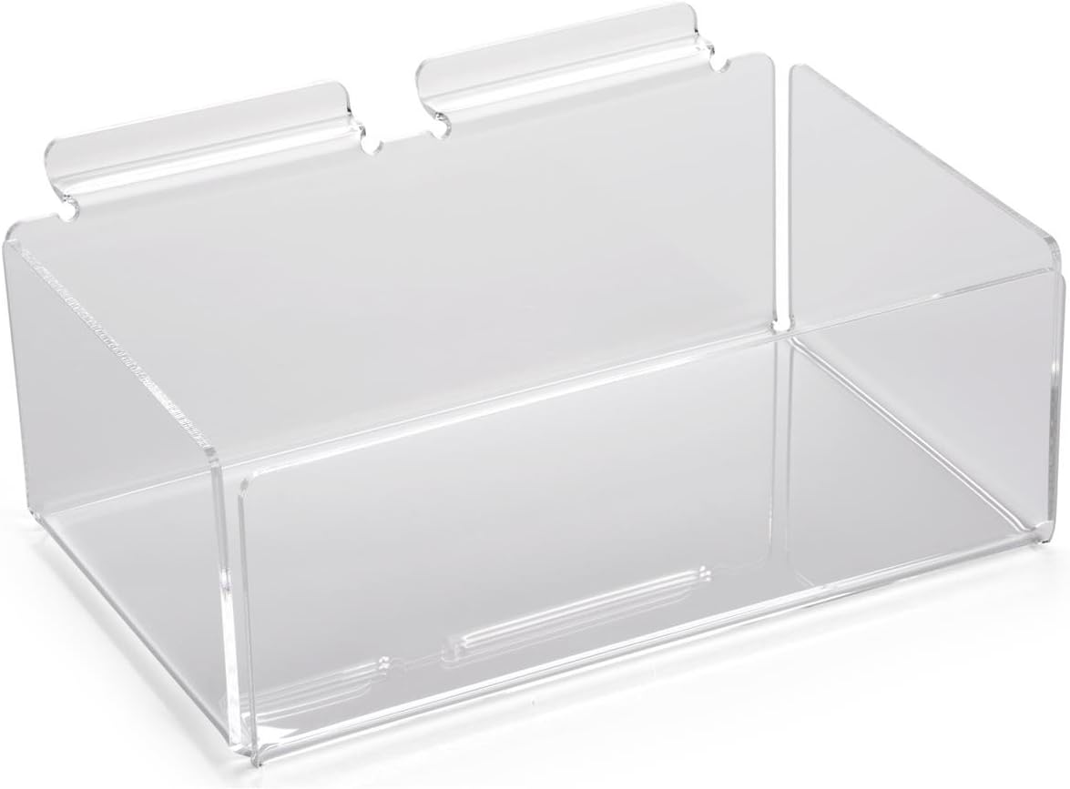 Displays2go Set of 5, Clear Acrylic Bin for Slatwall, Single Compartment, 10" w x 3.75" h x 6.25" d