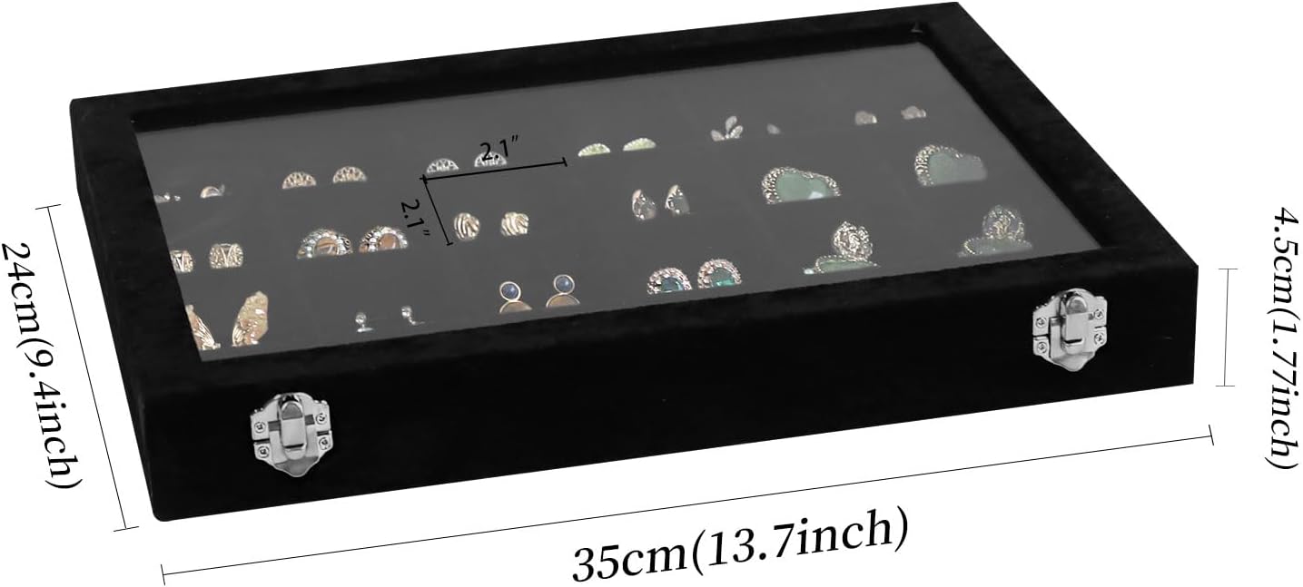 Wudygirl Jewelry Organizer 24 Grid Jewelry Tray with Clear Lid Velvet Jewelry Box Earrings Holder Organizer Jewelry Display Case (Black 24 Grid)