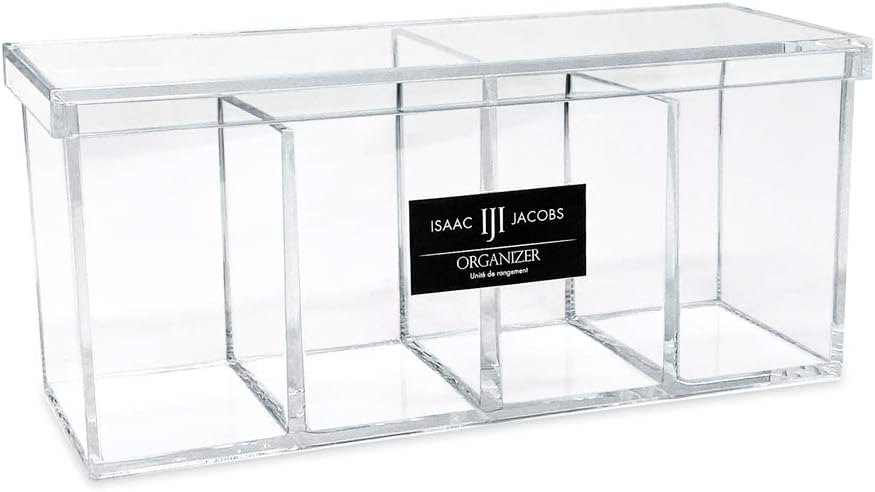 Isaac Jacobs 4-Compartment Clear Acrylic Organizer with Lid (9” L x 3” W x 4” H), Makeup Brush Holder, Sectional Tray, Storage Solution for Makeup, Crafts, Office Supplies & More (1, Clear)