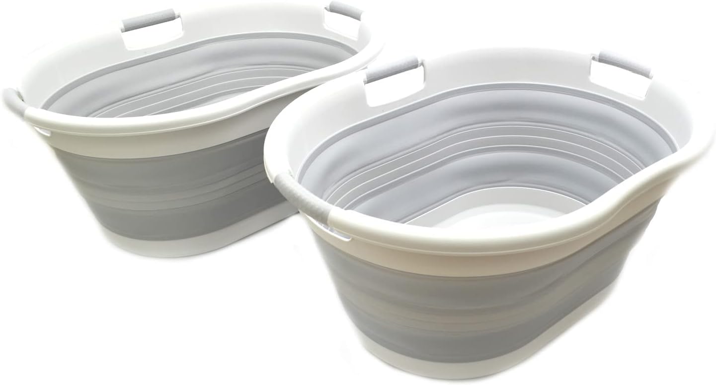 SAMMART 57L (15 Gallons) Collapsible 3-Handled Plastic Laundry Basket - Oval Tub - Portable Washing Tub-Space Saving Laundry Hamper, Water Capacity 44L / 11.6 Gallon (2, Grey/Grey)
