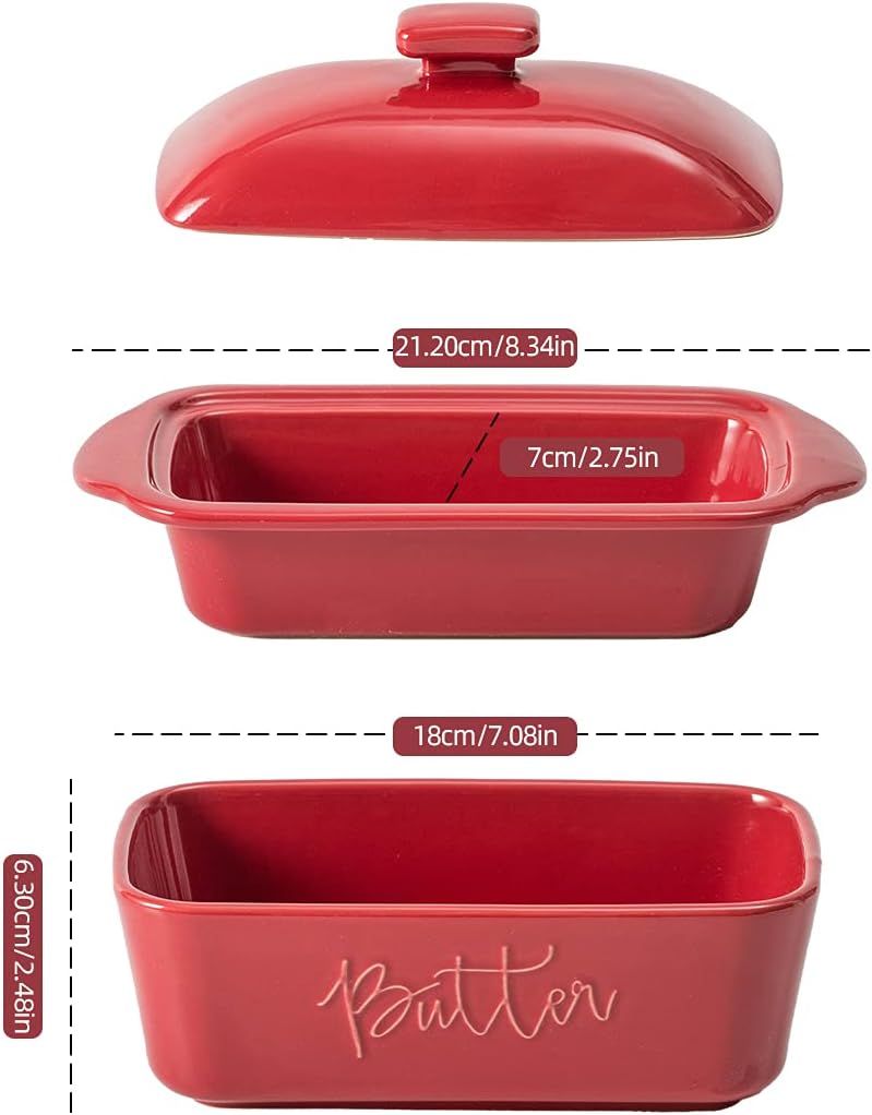 FE Butter Dish, 10 oz Ceramic Butter Keeper with Water Line, French Butter Dish with Lid for Countertop (Apple Red)