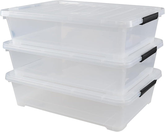 3 Packs 50 QT Plastic Under Bed Storage Bins with LatchLids, Underbed Storage Containers with Wheels for Closet Organizers