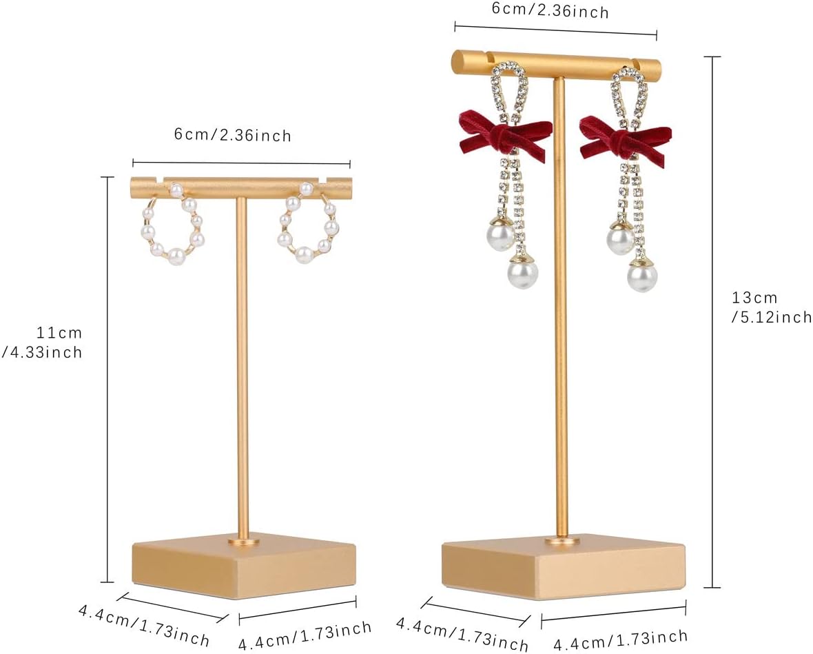 GemeShou 2pcs metal earring holder, Gold T bar earring display stand, mini hangers for earrings Jewelry Photography, earring storage organizer【Gold-Square Base 2pcs Height 4.3 and 5.1 inch】
