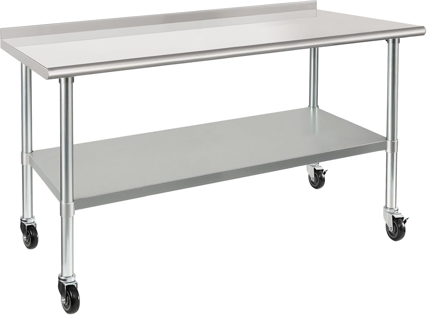 HARDURA Stainless Steel Table 30 x 60 Inches with Wheels Casters NSF Heavy Duty Commercial Prep Table with 2” Backsplash and Adjustable Undershelf for Restaurant Kitchen Home and Hotel