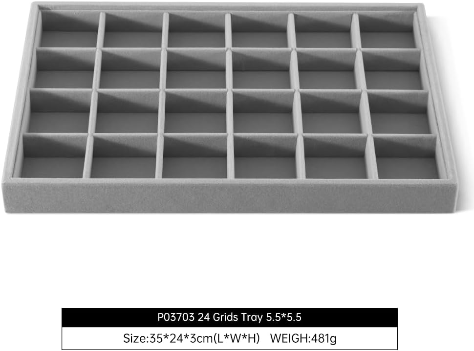 Velvet Stackable Jewelry Display Tray, 24 Grid Earring Ring Storage Tray, Drawer Divider Jewelry Accessories Organizer Plate (Gray)