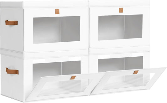 Large Clothing Storage Bins - Collapsible Boxes with Handles & Window, Decorative Organizer Bins with Lids, Fabric Containers for Living Room, Dorm, 4 Pack, White