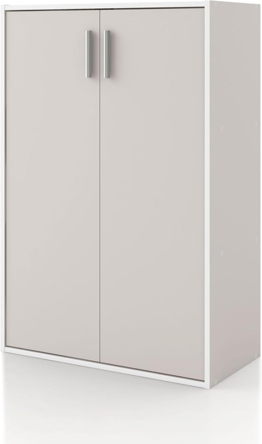 Homes: Inside + Out Apexa 3-Tier Stackable Wood Bookcase with Doors, Cube Storage Organizer Shelves, Small Food Pantry Cabinet, Dorm Teen Room Decor & Bedroom, Home Office, Kitchen, Taupe Grey