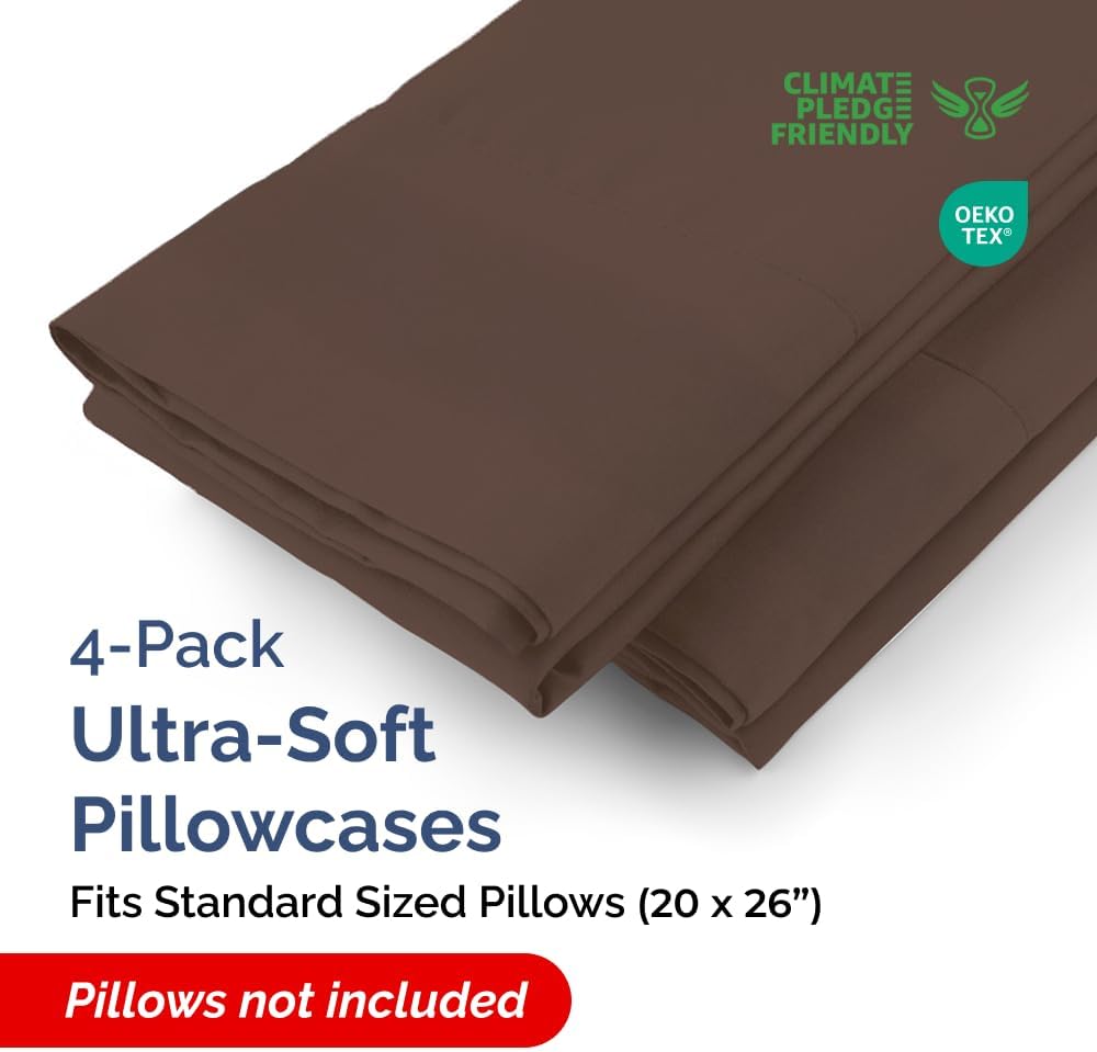 Standard Pillow Cases - 4 Pack - Super Soft Pillowcase Covers - Envelope Enclosure - Hotel Quality Pillow Protectors - Wrinkle Free, Shrink and Stain Resistant - Machine Washable - 20" x 26" (Brown)