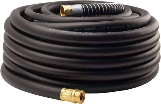 WiseFlow Garden Hose 75FT x 3/4", Heavy Duty Rubber Hose, Water Hose with Five Layered Braiding, Male Female Fittings, 1000PSI Burst, 300PSI Working (Black)