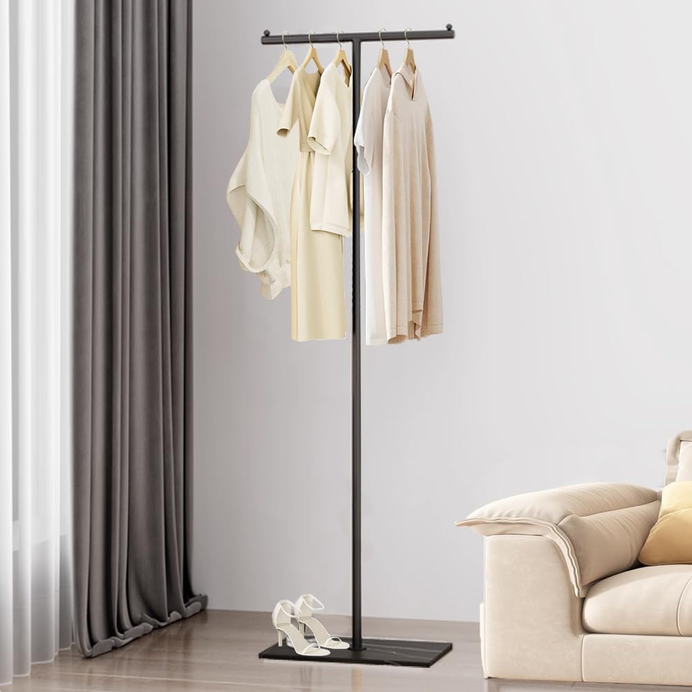 T-Shaped Metal Rack Stand,Modern Clothes Rack With Rock Slab Base,68.8 Inch Freestanding Clothing Rack Stand,Suitable For Boutiques, Entryway, Bedroom, Living Room, Hallway, (Black, 68.8inch)