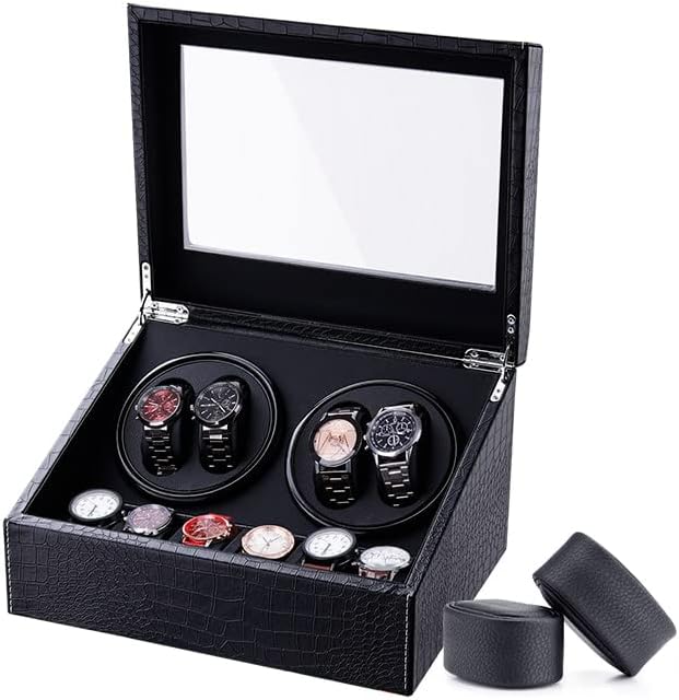 Watch Winder for Automatic Watches,Ultra Quiet Motor,4 Automatic Watches and 6 Extra Watch Storage Spaces, PU Leather Crocodile Styling