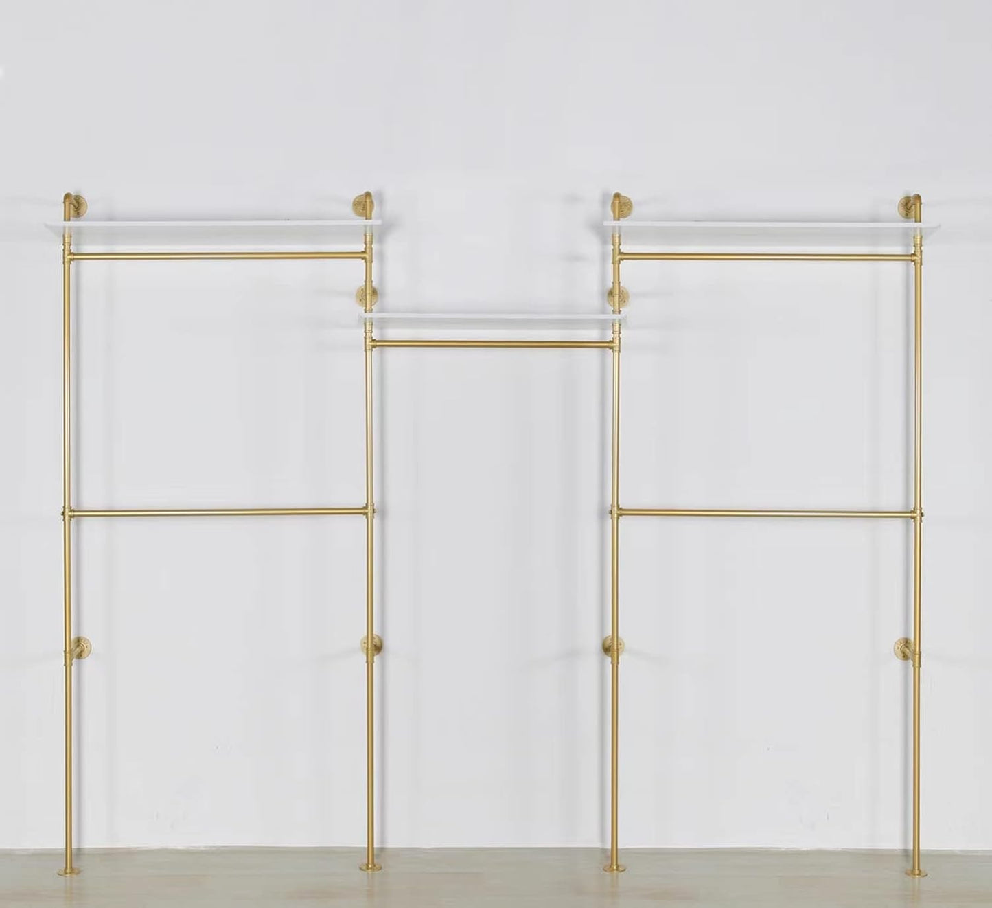 Industrial Pipe Clothing Rack Wall Mounted 5 Hanging Rods Garment Bar with Storage Shelf, Heavy Duty Metal Clothes Racks Closet System for Hanging Clothes Retail Display (Gold)