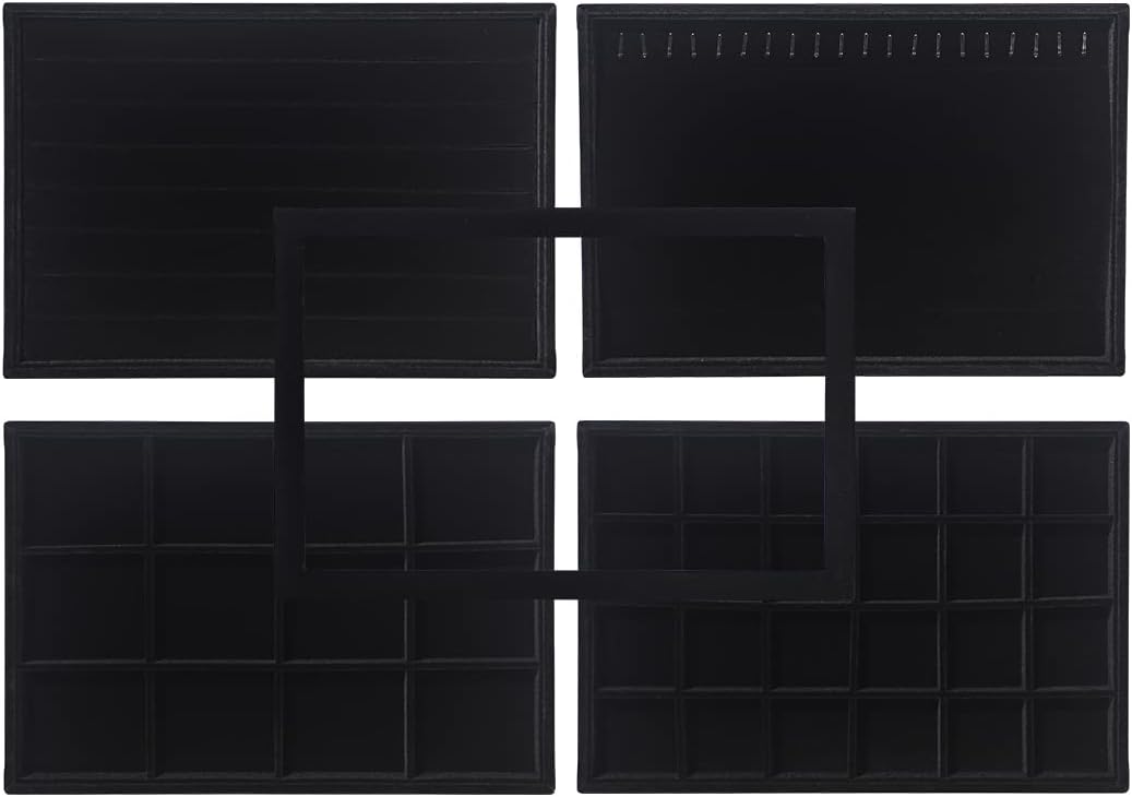 Coward Set of 5 Stackable Jewelry Organizer Tray Necklace Earring Box Storage Ring Bracelet Display Holder (Black(ring+necklace+earring+12grid))