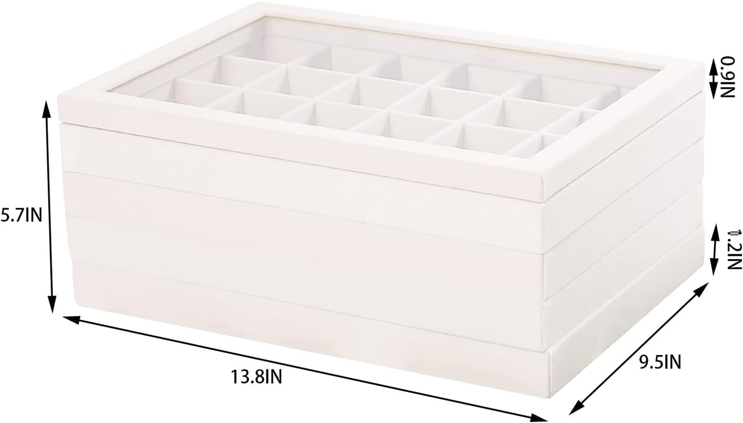Coward Set of 5 Stackable Jewelry Organizer Tray Necklace Earring Box Storage Ring Bracelet Display Holder (beige(ring+necklace+12girds+24girds+The glass lid))