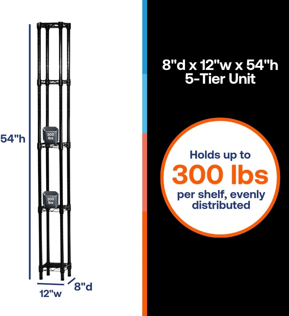 Shelving Inc. 8" d x 12" w x 54" h Black Wire Shelving with 5 Tier Shelves, Weight Capacity 300lbs Per Shelf