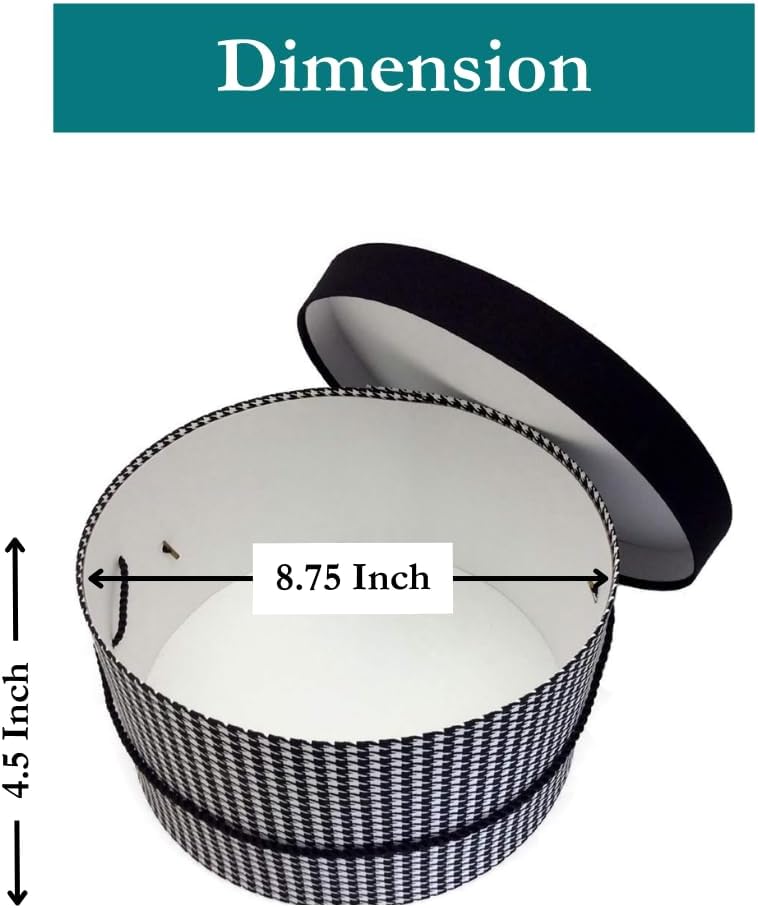 Sarah's Hat Boxes Classic Houndstooth Hat Box – 8.75" x 4.5" (Dia. x Ht.) Handmade in USA – Odorless Non-Toxic Adhesive, Cording Handle – Premium Storage for Hats & Accessories