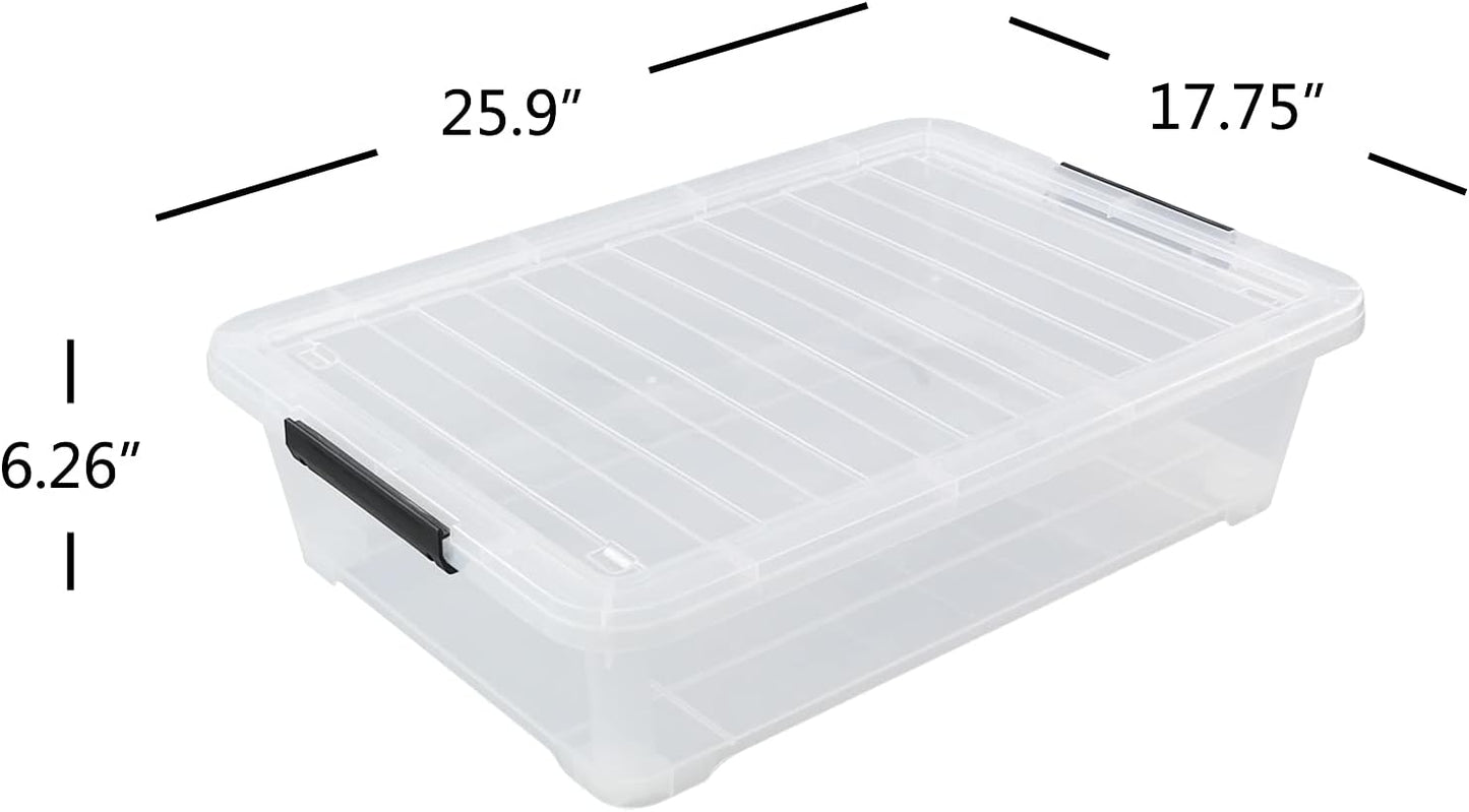 4-Pack 40 Quart Large Plastic Under Bed Storage Bin, Underbed Box With Wheels/Lids, Clear