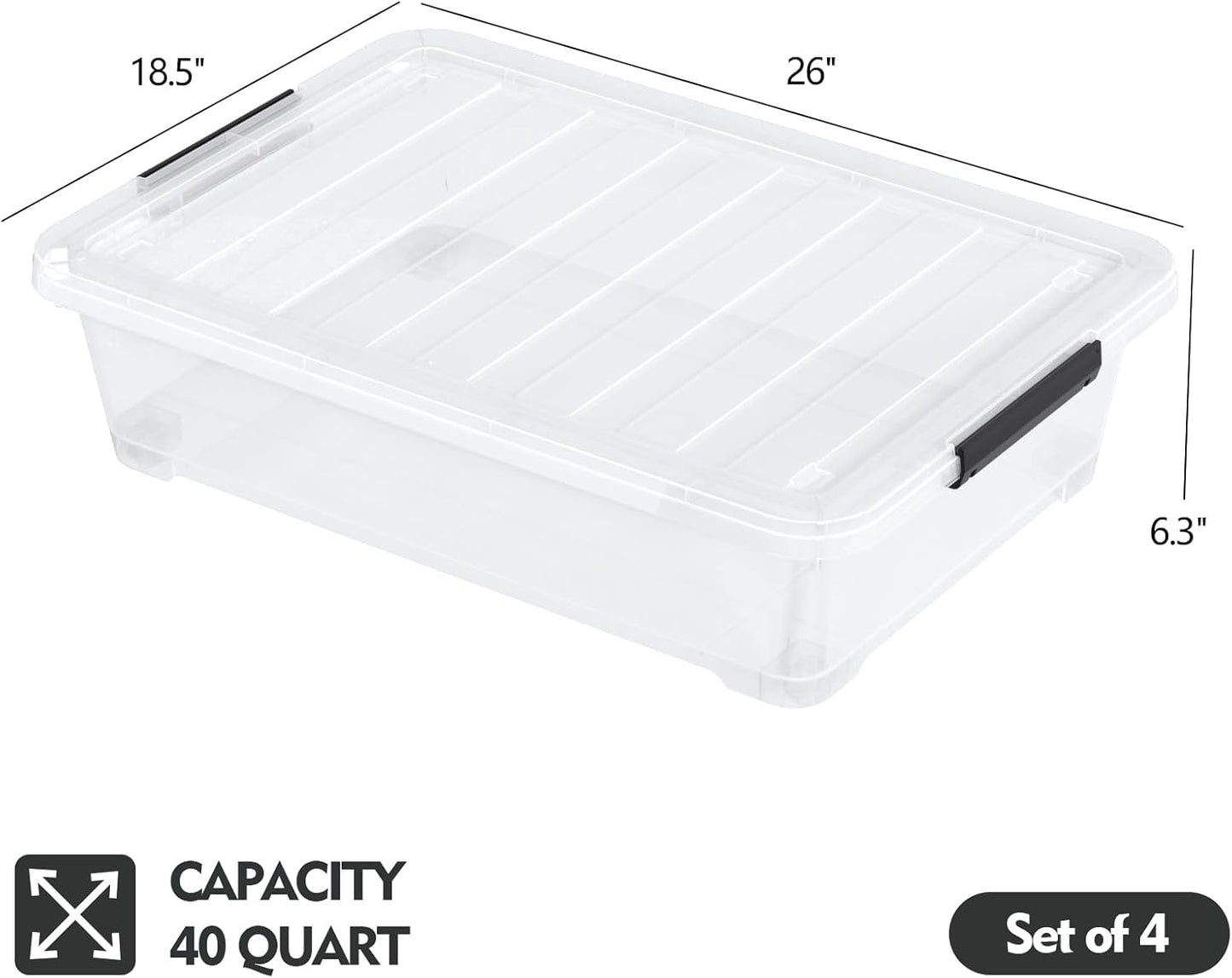 Pack of 4 Stackable Plastic Containers with Durable Latching Lids, Under Bed Storage Containers, 40 Quart