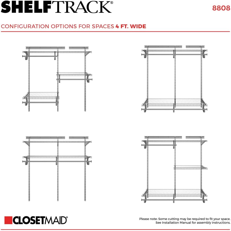 ClosetMaid ShelfTrack Wire Closet Organizer System, Adjustable from 4 to 6 Ft., With Shelves, Clothes Rods, Hardware, Durable Steel, Satin Chrome
