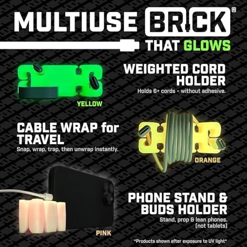 GlowBrick Stocking Stuffers for Adults Cord Management Weighted Cord Holder Cable Wrap Phone Stand - Glow-in-The-Dark Gadget Organizer for Nightstand. Gift for Men, Silicone. Glowing Yellow