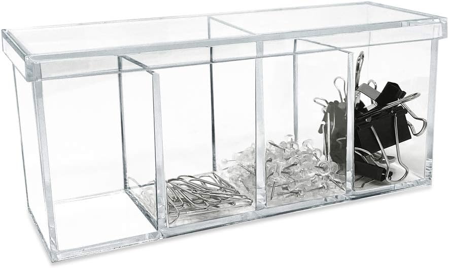 Isaac Jacobs 2-Pack 4-Compartment Clear Acrylic Organizers with Lid (9” L x 3” W x 4” H), Makeup Brush Holder, Sectional Tray, Storage Solution for Makeup, Crafts, Office Supplies & More (2, Clear)