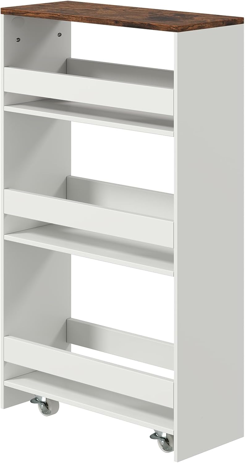 POWERSTONE 4-Tier Slim Storage Cart, Narrow Kitchen Rolling Cart w/Handle & Open Shelves, Skinny Slide Out Utility Organizer Trolley for Kitchen Bathroom Laundry Small Spaces White & Rustic Brown