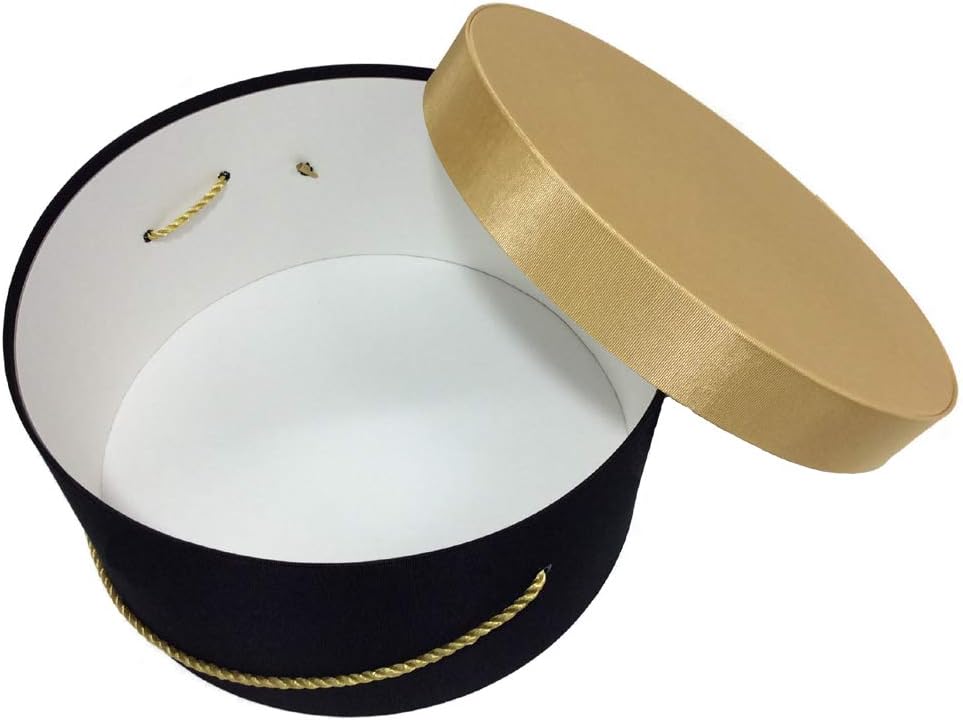 Sarah's Hat Boxes Classic Black/Gold Hat Box – 16.75" x 8.5" (Dia. x Ht.) Handmade in USA – Odorless Non-Toxic Adhesive, Cording Handle – Premium Storage for Hats & Accessories