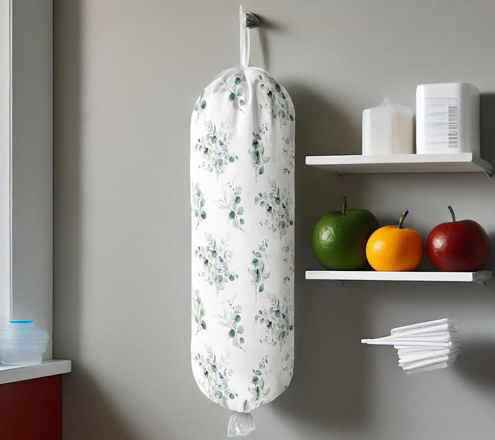 Plastic Bag Holder Wall Mount Grocery Bag Holder for Plastic Bags Organizer for Kitchen,Cute Cat Home Kitchen Decor Gifts for Women(Eucalyptus Leaves)
