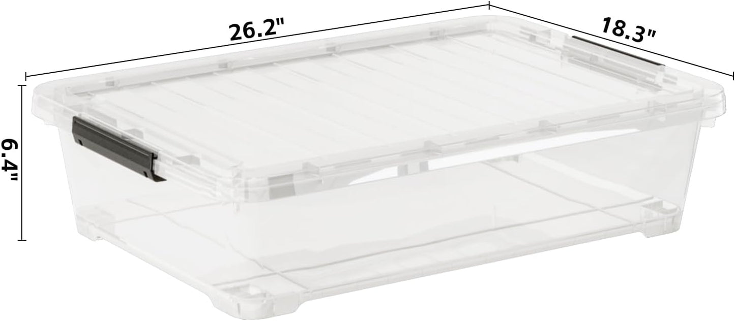3-Pack Under Bed Wheeled Storage Box, 40 Qt Underbed Plastic Containers Bins with Secure Latch Lids and Sturdy Wheels, Clear