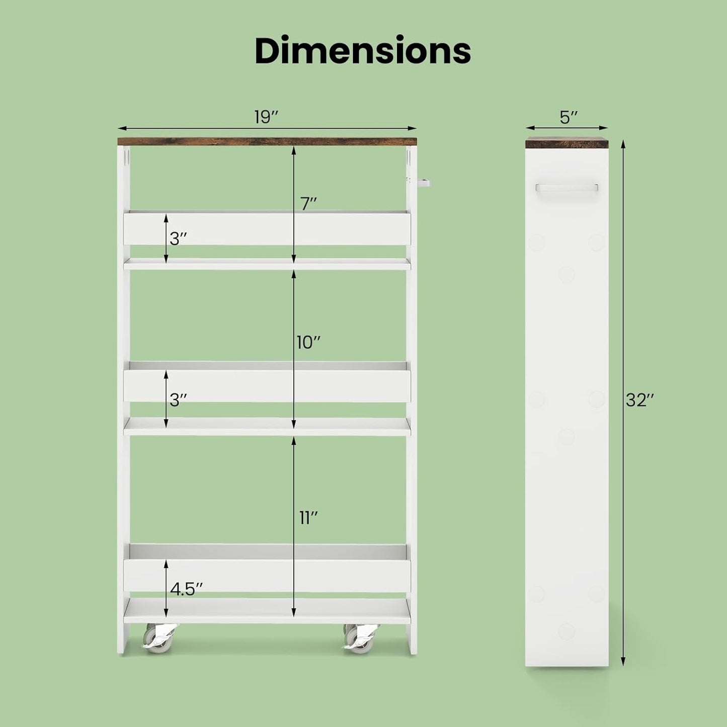 Small Kitchen Cart, 4-Tier Slim Rolling Island w/Handle, Laundry Room Storage Organizers Between Washer and Dryer, Narrow Spice Rack on Wheels Next to Fridge (White & Rustic Brown, 5'')