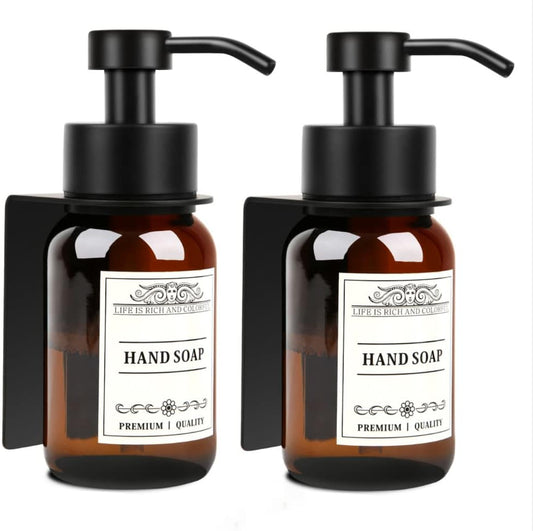 8.5oz Glass Soap Dispenser 2 Pack - Shampoo,Conditioner and Dish Soap Dispenser with Pump,Wall Mount Holder and Waterproof Labels for Kitchen and Bathroom (Brown)