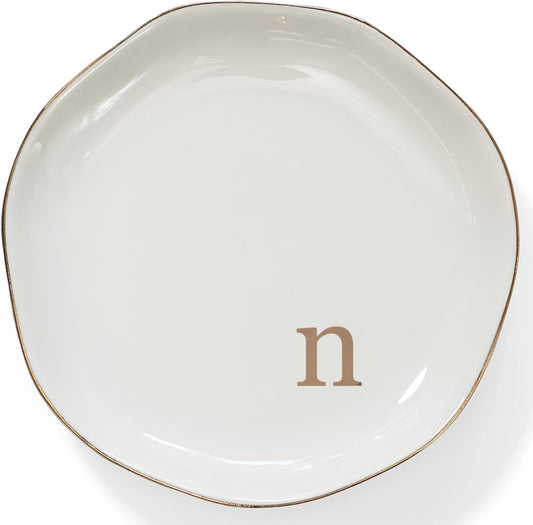 HOME SMILE Initials Ring Dish Jewery Tray with Personalized N-Monogrammed Engagement Wedding Gifts for Friends,Sister,Birthday Christmas Gifts for Women,Ceramic White