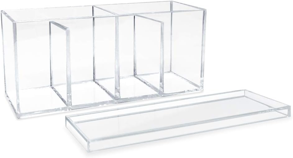 Isaac Jacobs 4-Compartment Clear Acrylic Organizer with Lid (9” L x 3” W x 4” H), Makeup Brush Holder, Sectional Tray, Storage Solution for Makeup, Crafts, Office Supplies & More (1, Clear)