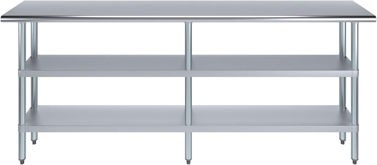 AmGood Stainless Steel Work Table with 2 Shelves | NSF | Metal Utility Table (84" Long x 14" Deep)