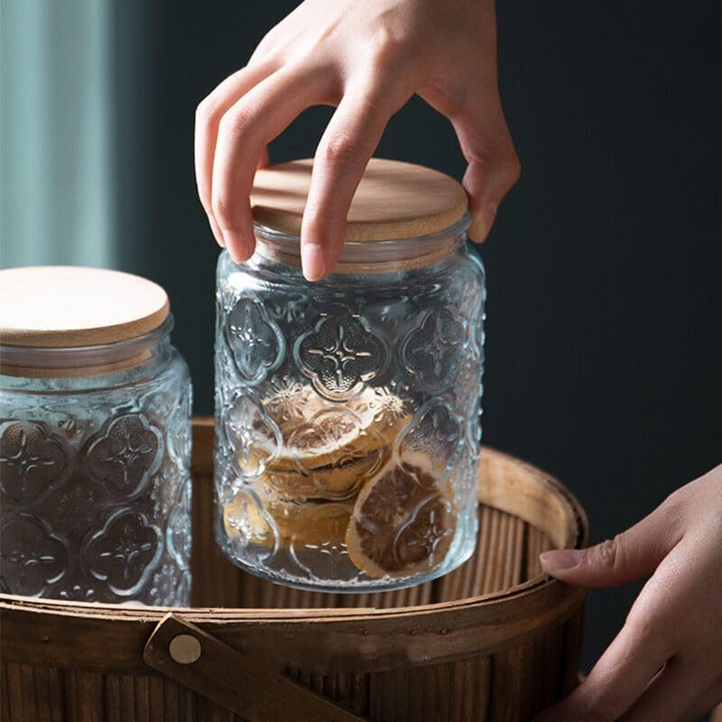 Vintage Glass Jar, Decorative Glass Jar with Bamboo Lid, Candy Jar Cookie Jar for Kitchen Counter, Pantry, 23.7 FL OZ Glass Storage Jar Holds Coffee, Tea, Sugar, Balth Salts