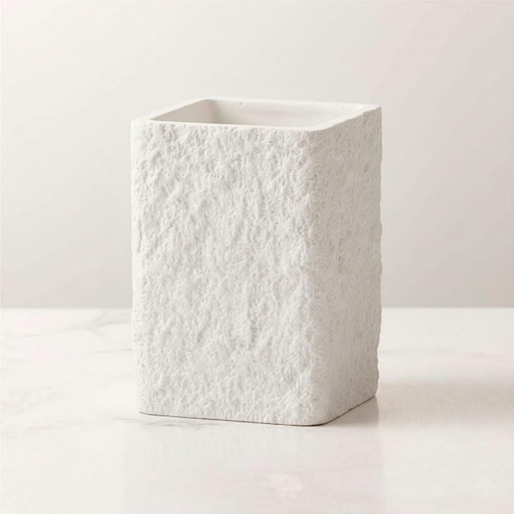 White Stone-Look Toothbrush Holder for Bathroom, Natural Rough Stone Textured, Unbreakable Heavy Bathroom Cup, Vanity Countertop Organizer for Makeup Brushes