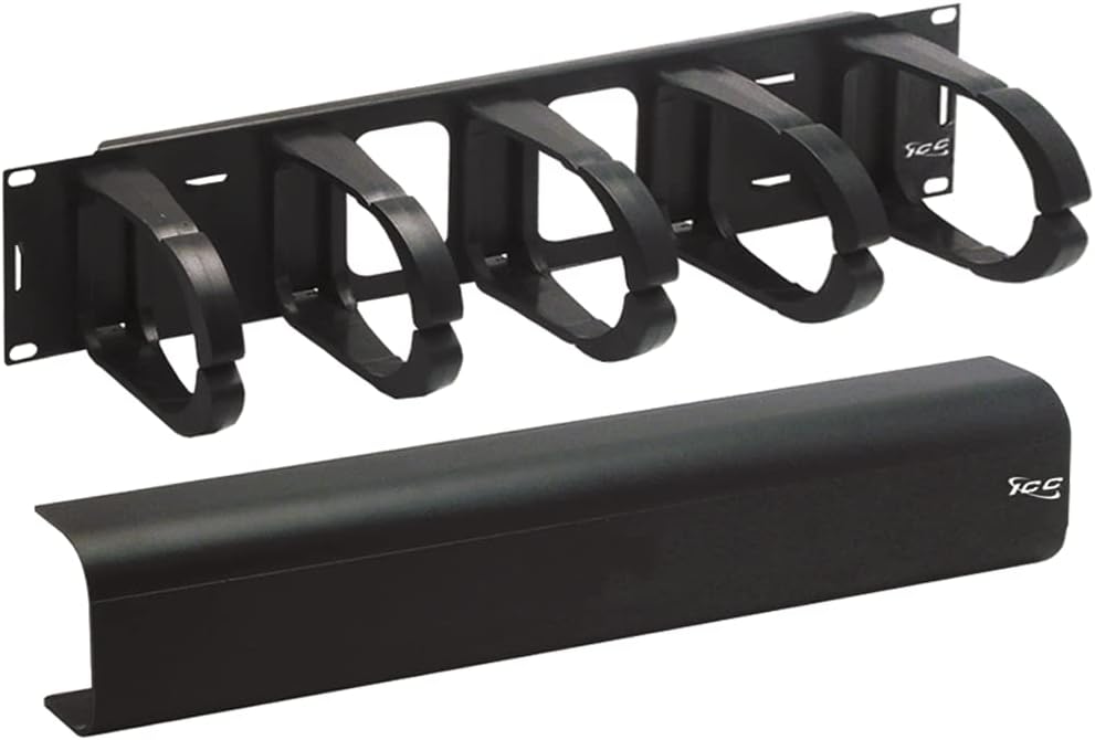 ICC 2U Ring Cable Manager Panel with Cover, Plastic with Metal Back Frame, 4" D-Rings, Horizontal Cable Management, Rackmount for 19” Network Racks, Black, Single Pack