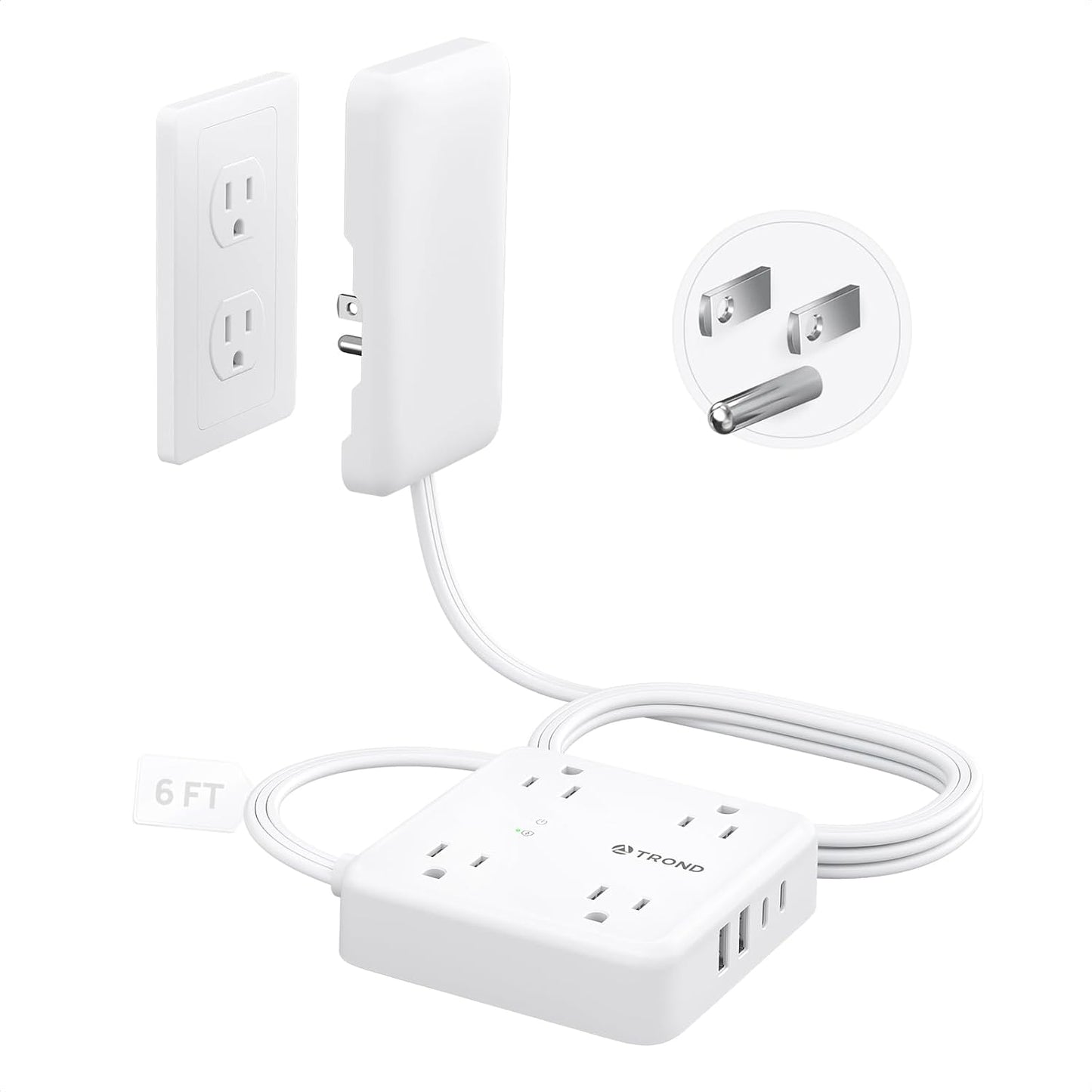 TROND Flat Plug Power Strip with Outlet Cover - 6ft Extension Cord with Multiple Outlets and 4 USB Ports, Mountable Surge Protector Outlet Concealer, Kitchen Home Improvement for Hide Messy, White