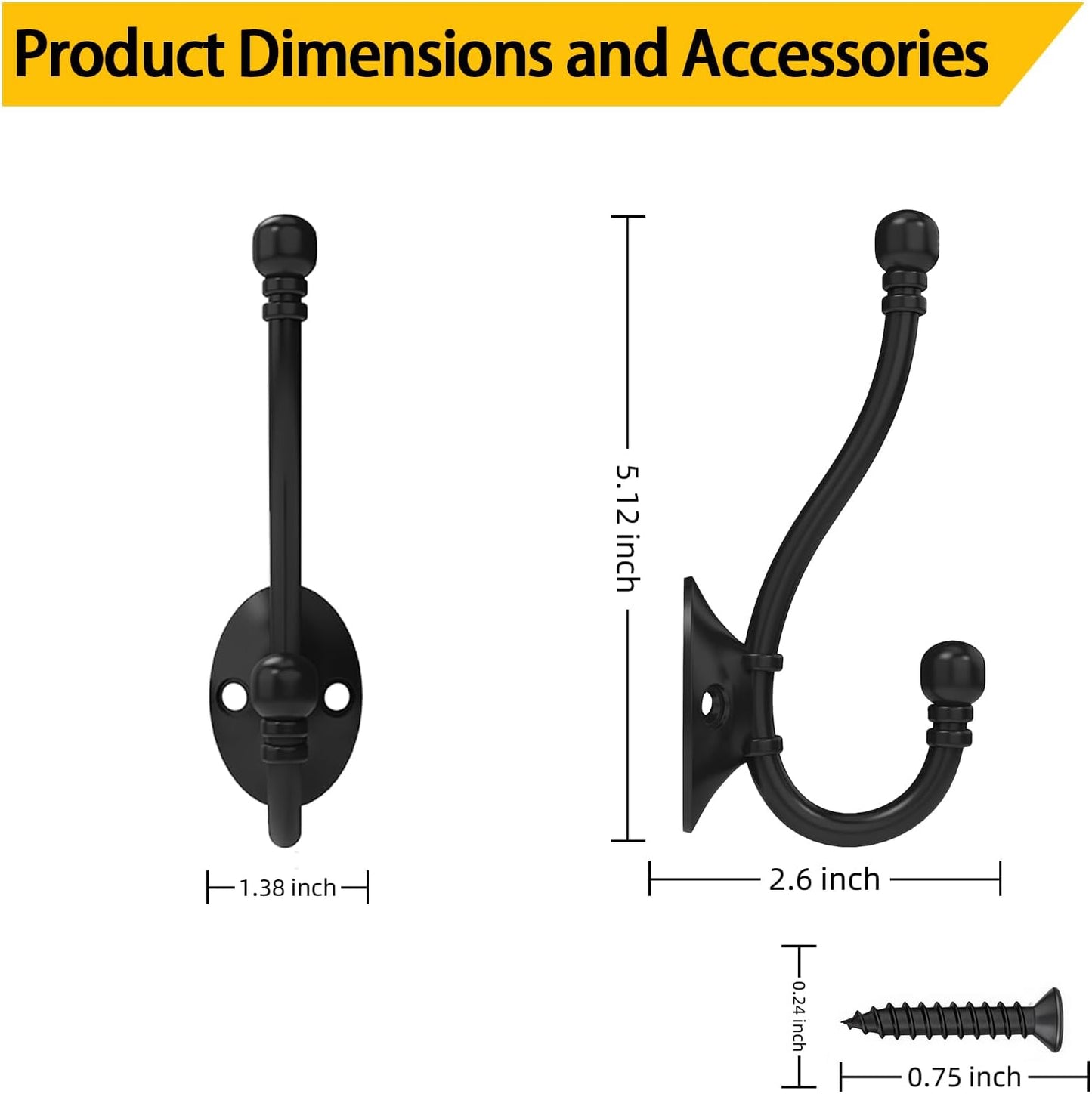 6 Pack Heavy Duty Wall Hooks for Hanging, Metal Coat Hooks Wall Mount, Easy to Install, Ideal for Living Room, Bathroom, Kitchen, Bedroom (Black)