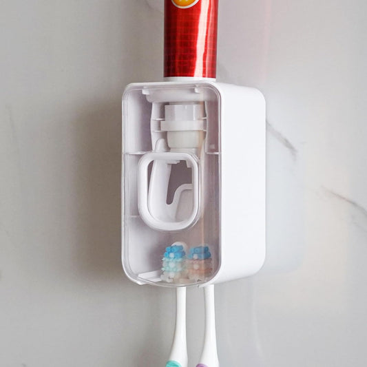 2 Slot Toothbrush Holder and Toothpaste Dispenser Wall Mounted, Automatic Toothpaste Squeezer, 2 in 1 Tooth Brush Toothpaste Organizer for Shower (Clear)