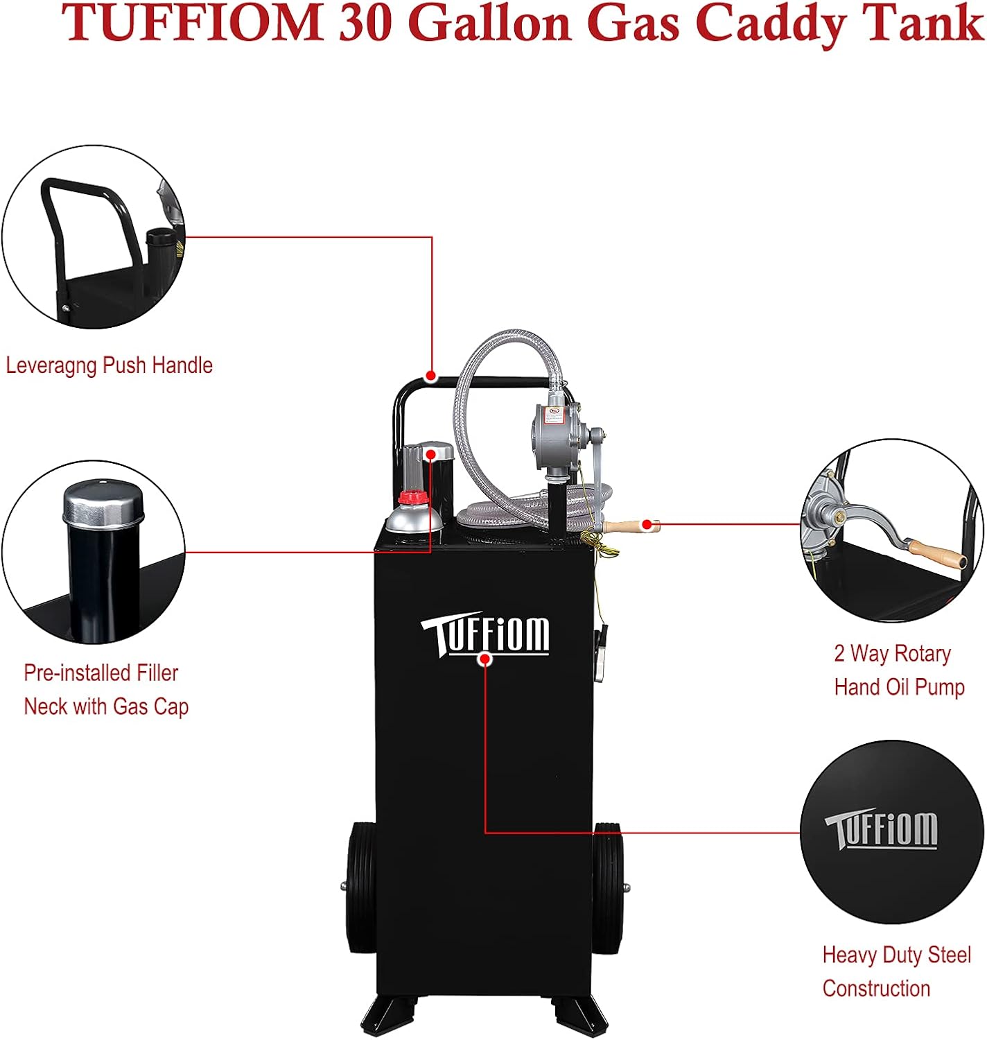 TUFFIOM 30 Gallon Fuel Gas Caddy w/Wheels & Manual Siphon Pump, Portable Diesel Fuel Transfer Storage Tank w/8.9ft Hose, Gasoline Can Container for ATV Car Mowers Tractor Boat Motorcycle